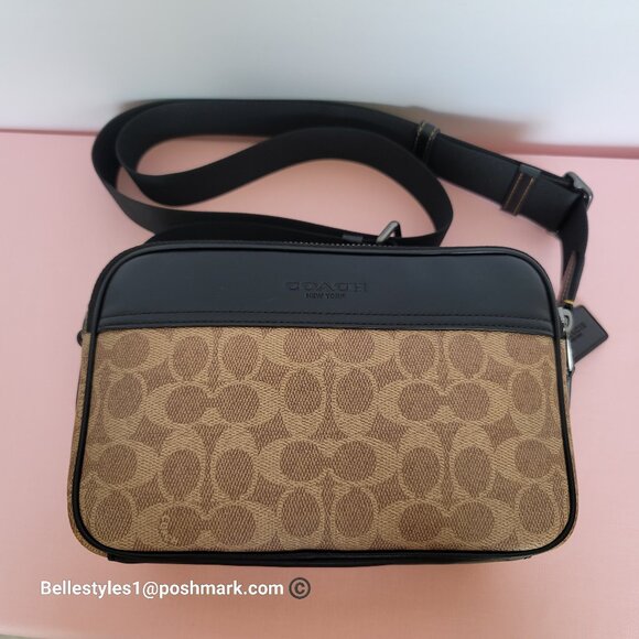 COACH Unisex Graham Signature Canvas & Leather Crossbody Bag -Tan/Black color🎈⭐ - Picture 2 of 16